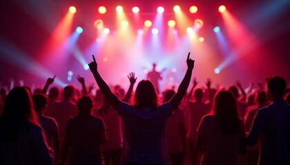 Energetic show moment with audience members as semi-silhouettes, raising their arms. Vibrant stage lights and playful shadows enhance depth of field, creating an immersive, lively atmosphere.






