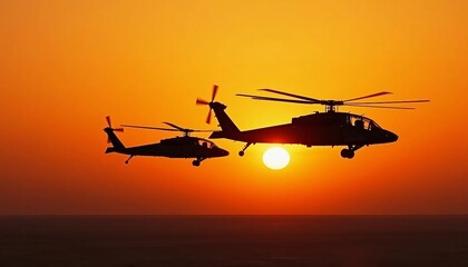 Fototapeta premium Two attack helicopters fly side by side against a glowing sunset backdrop.