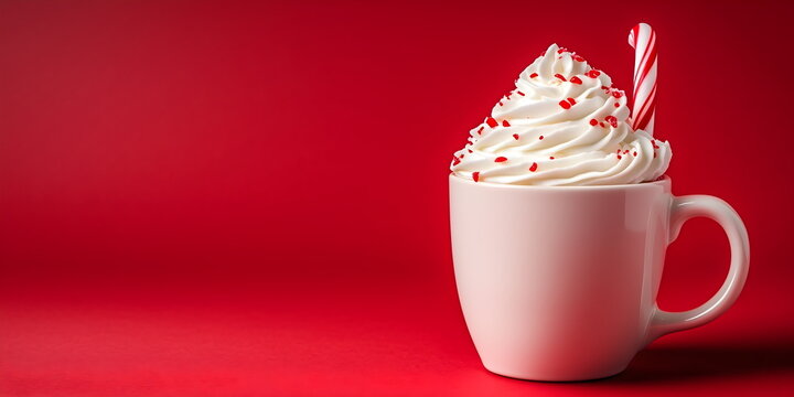 White mug filled with peppermint mocha topped with whipped cream and candy cane on red background. Blank space for advertising message or text on poster or banner