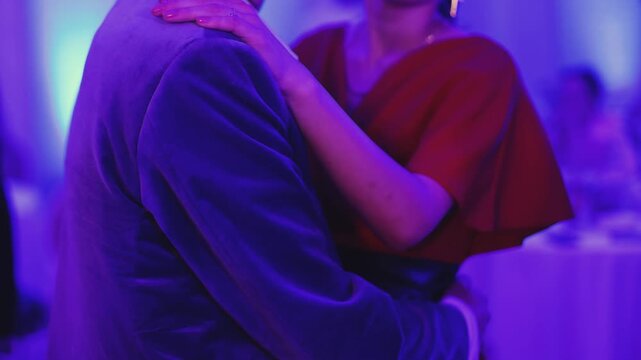 High school graduates dancing on prom, waltz and classical ball dance in dresses and suits on school graduation party, girls and boys classical ballroom dancers, couples dance quadrille and polonaise