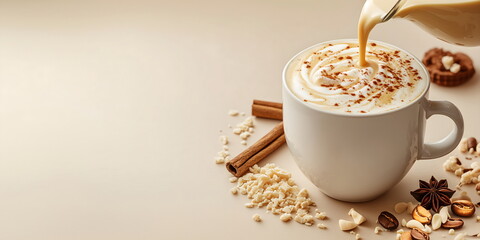 Pouring steamed milk into butterscotch latte with whipped cream, cinnamon sticks, star anise and nuts on light background. Banner with copy space