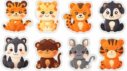 Cute wild woodland baby animal faces in pastel color vector illustration. Baby shower and nursery art animal set including a bear, tiger, lion, rabbit, giraffe