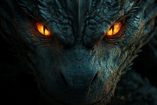 Dragon face in the dark with gleaming yellow reptilian eyes