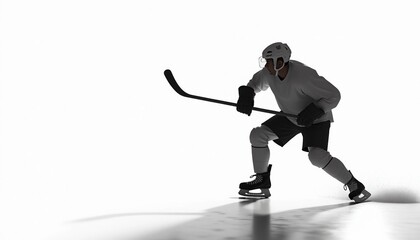Obraz premium Strong silhouette of a hockey player on a white background, with subtle shadow play to highlight shape and form. Simple, versatile composition allows easy text addition.