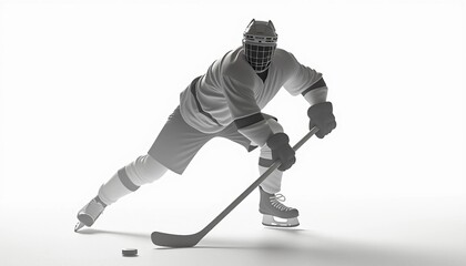 Fototapeta premium Strong silhouette of a hockey player on a white background, with subtle shadow play to highlight shape and form. Simple, versatile composition allows easy text addition.