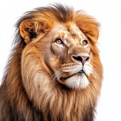 Majestic lion with a full mane, standing proudly and looking into the distance, isolated on a white background