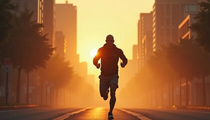 A misty sunrise frames a muscular man running in shorts and a hoodie. Soft light and quiet streets create a dreamlike atmosphere.






