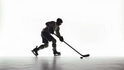 Obraz premium Strong silhouette of a hockey player on a white background, with subtle shadow play to highlight shape and form. Simple, versatile composition allows easy text addition.