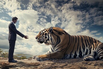 Fototapeta premium Courageous businessman negotiating a deal with a tiger, bold business agreement meeting photo