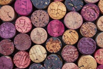 Rows of assorted recycled wine corks on grape themed background, neatly aligned in a row