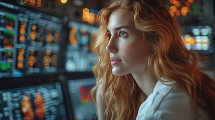 Focused Female Scientist Analyzing Data on Multiple Monitors in a High-Tech Control Room