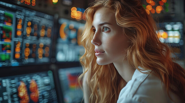Focused Female Scientist Analyzing Data on Multiple Monitors in a High-Tech Control Room