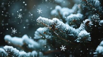 A close up of a snow covered pine tree with some stars, AI