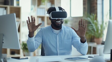African american casual businessman wearing vr headset using virtual interface at office