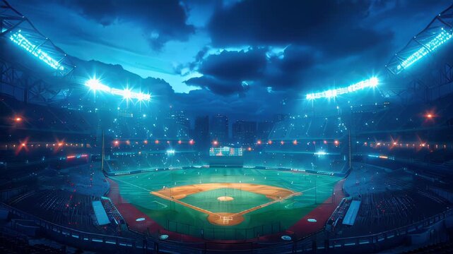 A brightly lit sports arena at dusk, with an empty green field and illuminated stands