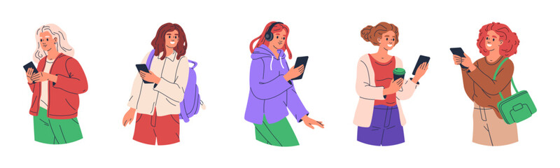 Women using smartphones. Girls chatting or surfing internet, female characters texting or watching video on gadgets flat vector illustration set. People using smartphones