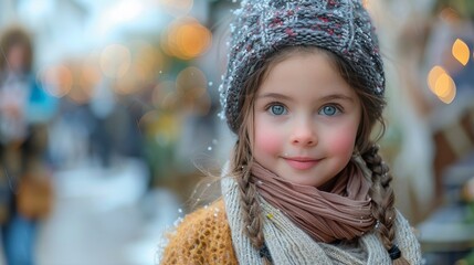 Portrait of joyful little girl with beanie hat and scarf smiling outdoors, winter holidays concept.