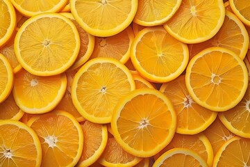 Fototapeta premium Close up high angle view of a fresh orange fruit slices pattern background for vibrant compositions
