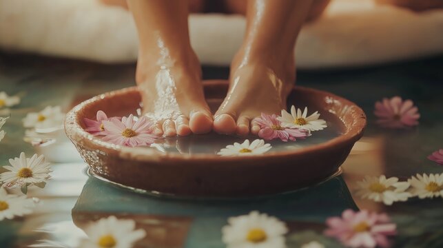  view of woman soaking her feet in dish with water and flowers on floor.
