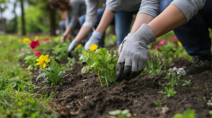 Fototapeta premium Volunteers planting flowers in a city park