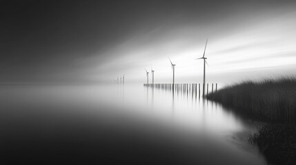 sea wind turbines at dawn