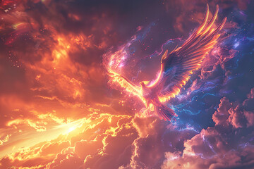 A large bird with red feathers flies through a sky filled with clouds. generative ai image.