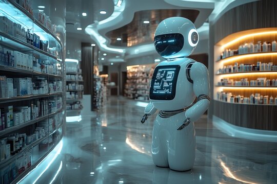A futuristic robot assistant stands in a sleek pharmacy, ready to help customers.