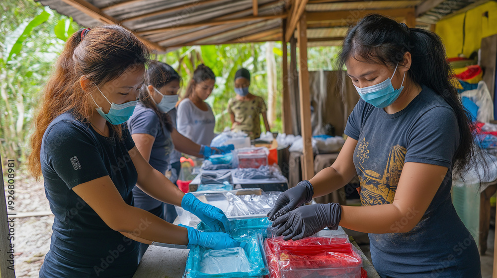 Wall mural Volunteers preparing and distributing hygiene kits