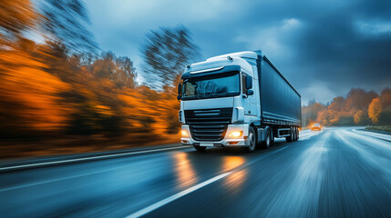 Truck in motion on the road, cargo transportation concept