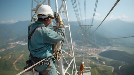 Worker inspecting power line towers with safety gear, ensuring the reliability and safety 