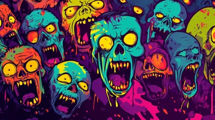 Zombies screaming in fear with vibrant colors and dark background – Halloween comic book style