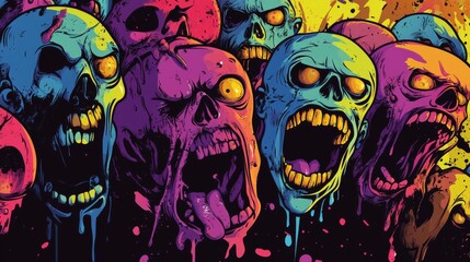 Zombies screaming in fear with vibrant colors and dark background – Halloween comic book style