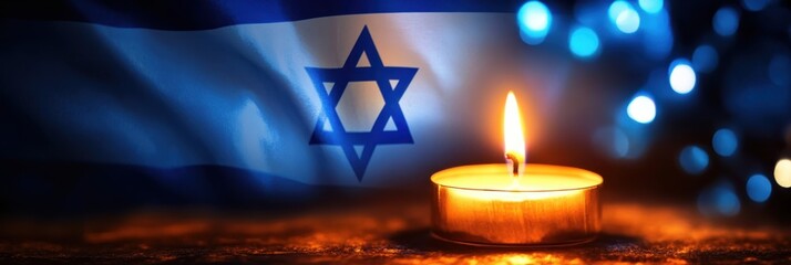 Israel Independence day. Flag of Israel and burning candle. Patriotic holiday. Memorial day - Yom Hazikaron. Yom Ha'atzmaut concept. Horizontal banner. Free space for text, copy space
