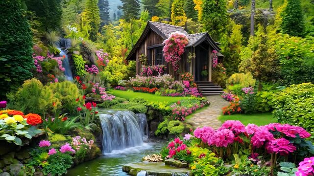 rustic boho wood cabin home beautiful exterior design home garden with lush tranquil wild atmosphere, green plants and flowers blossoming, relaxing green space