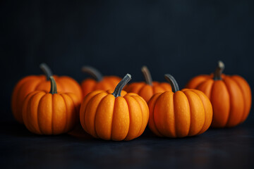 Group of Small Orange Pumpkins Arranged on Dark Surface, Autumn Decor