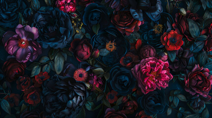 Dark floral wallpaper, Red, black and blue roses and peonies, Gothic moody flowers composition