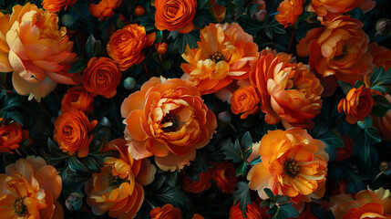 Fototapeta premium Dark floral wallpaper, Orange roses and peonies, Gothic moody flowers composition