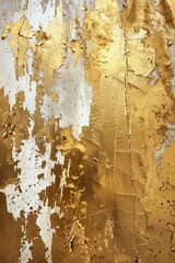 Gold paper background with paint glitter, golden brush strokes, abstract metal textures, and white