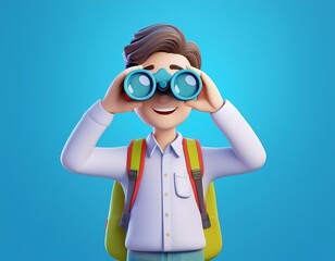 3D cartoon boy with a backpack uses binoculars to look into the distance, 3D illustration