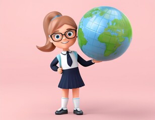Fototapeta premium 3D young school girl with glasses holds a globe in front of her, 3D illustration
