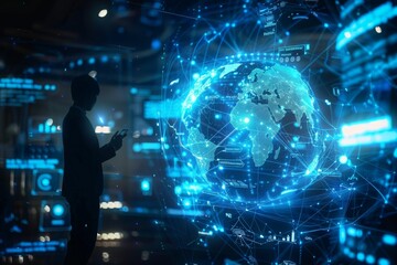 photo capturing a virtual globe-shaped diagram of digital marketing media, including website ads