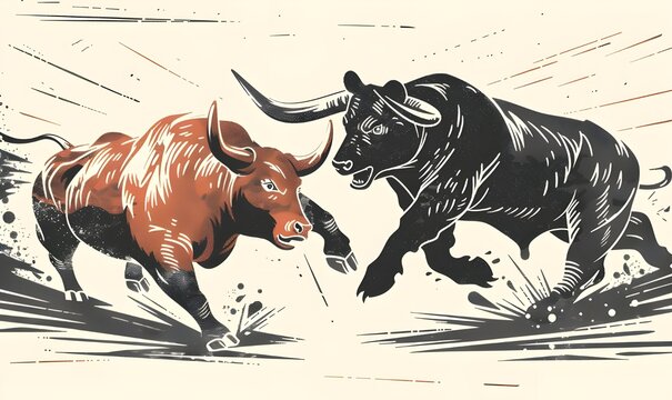 A vector illustration of an angry bull fighting a bear, with simple lines, flat design, pastel color palette, white background.