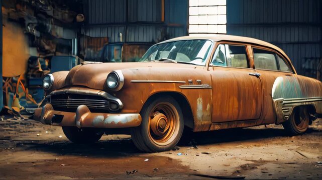 Old retro car in the garage of a car repair shop. Selective focus