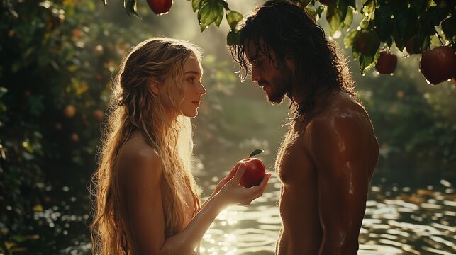 Eve giving Adam the forbidden fruit.
