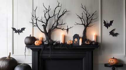 Bring the spirit of Halloween indoors by adorning your mantel with spooky garlands, eerie portraits, and candle holders shaped like haunted trees, creating a focal point that screa