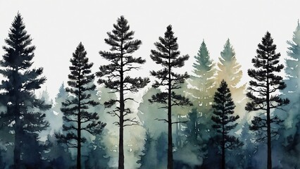 Row of pine trees black silhouette with watercolor background