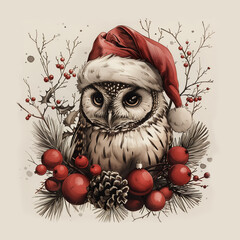 Hand drawn illustration of an owl wearing a Christmas Santa hat surrounded by Christmas ornaments with pinecones and tree branches