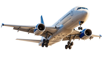 Commercial airplane with extended landing gear ready for landing isolated on transparent background