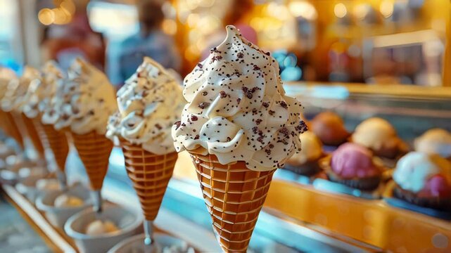 Delicious ice cream cones in a row with a blurred background of a dessert