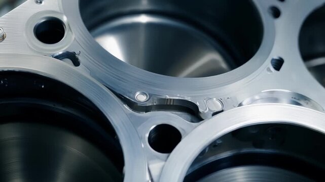 Close up of an engine block showing the pistons and cylinders, bathed in a cool blue light. The image evokes precision engineering and power